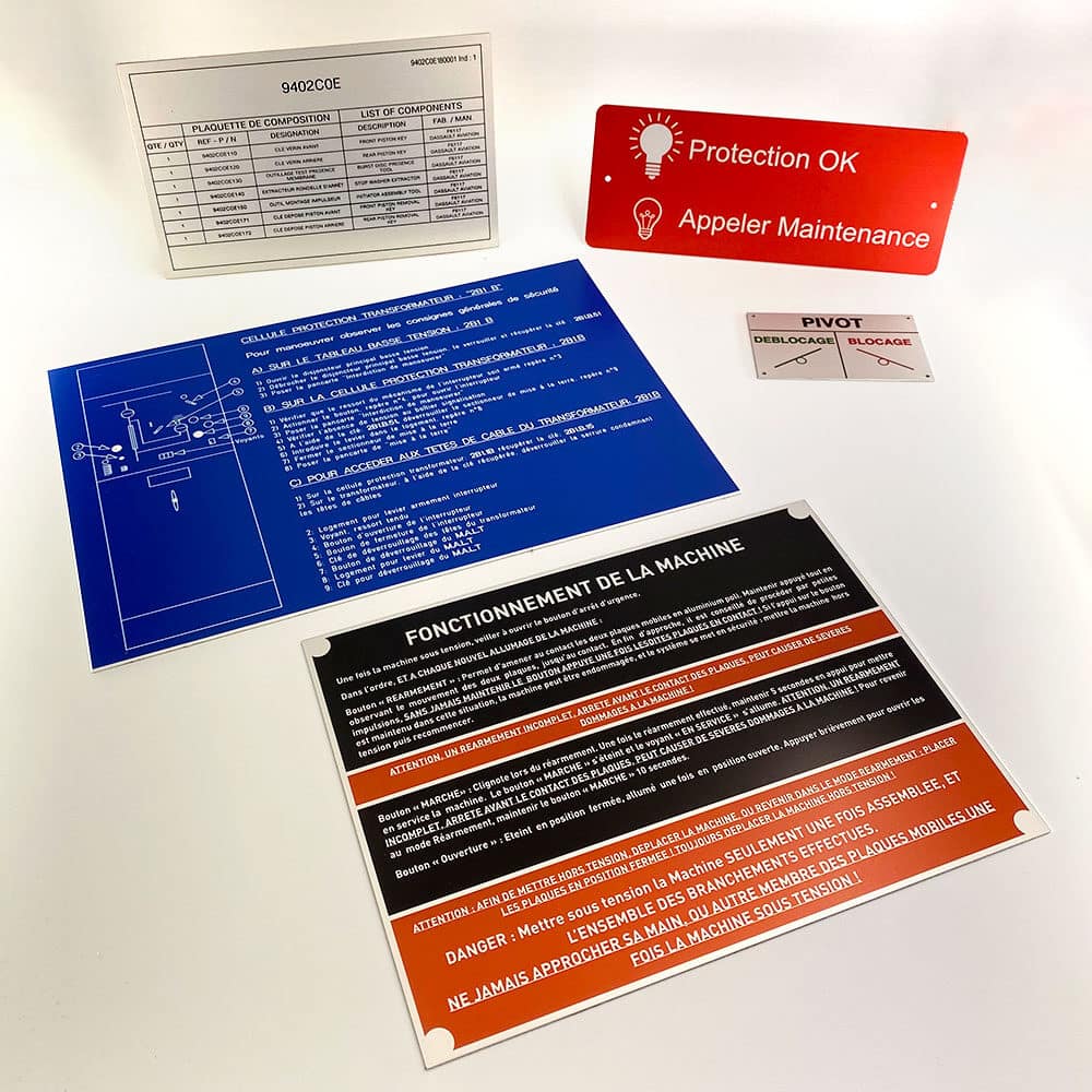 Fabricant Etiquettes techniques et instructions avec picto Impression plaques alu anodisées Fabricant Etiquettes techniques et instructions avec picto Impression plaques alu anodisées